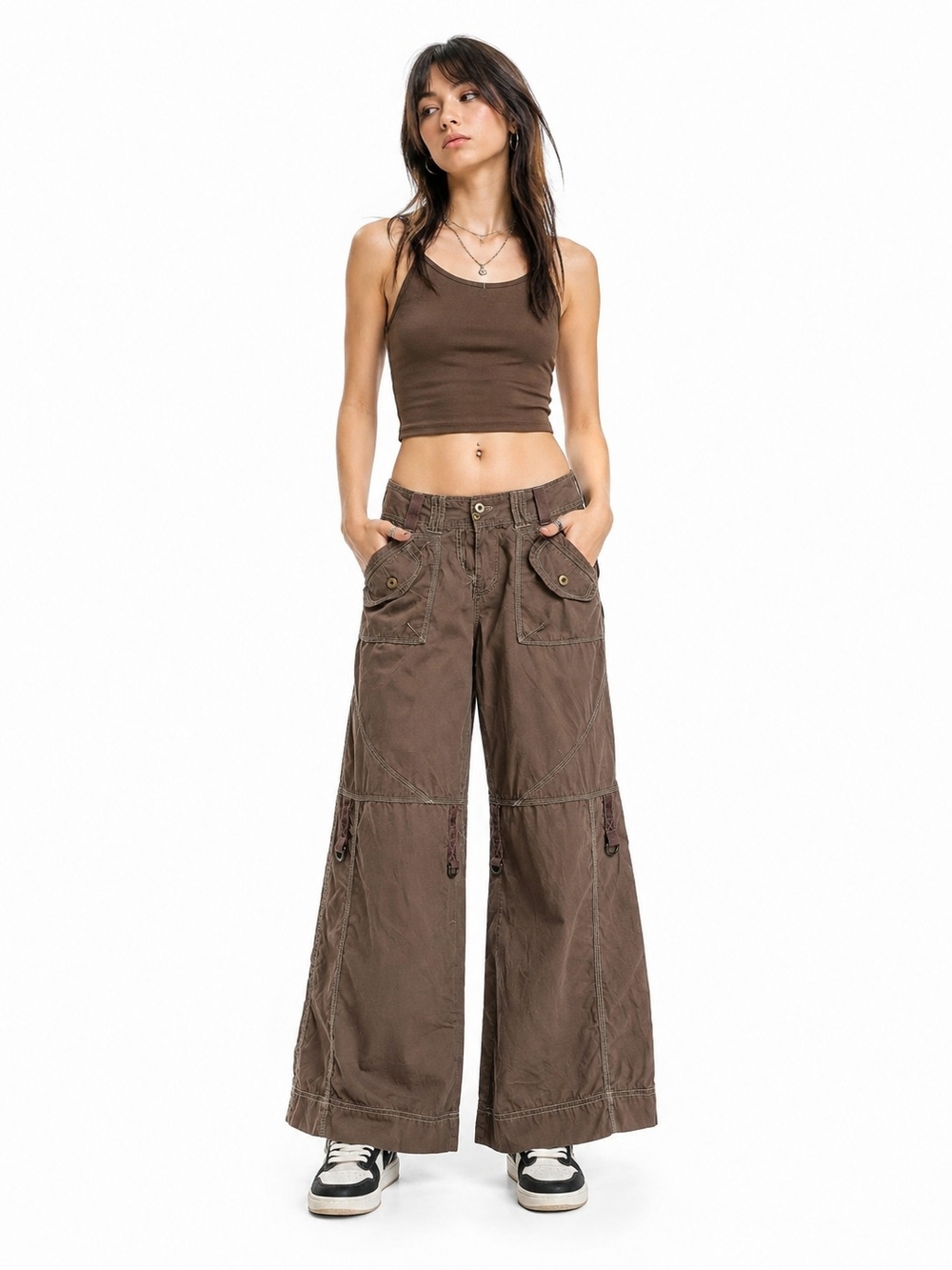 Cyber Y2K Digital Clothing Low Rise Cargo Pants Brown Wide Leg Utility Skater 6